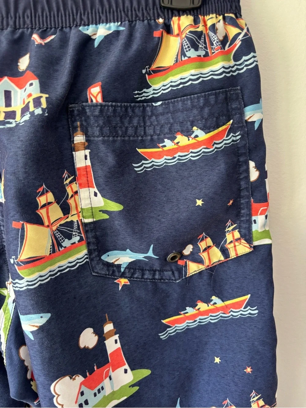 Hanna Anderson Navy Blue Swim Trunks Shorts Nautical Boats Lighthouse Beach Pool